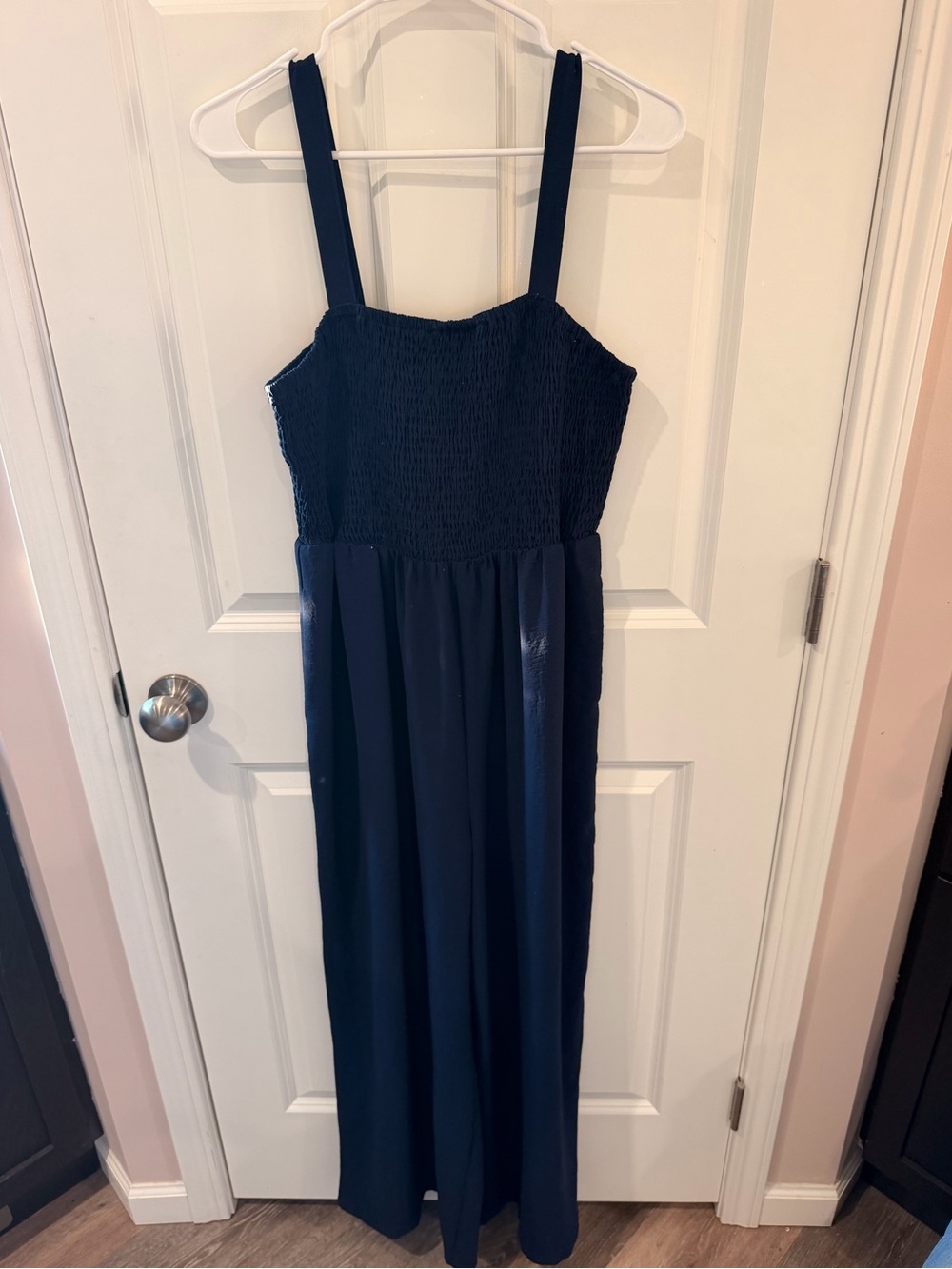 Women's Navy Blue Smocked Wide Leg Jumpsuit with Pockets Size Large